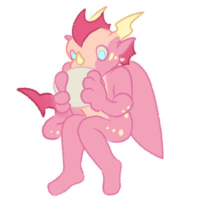 Headshot of a yellow cat with pink hair